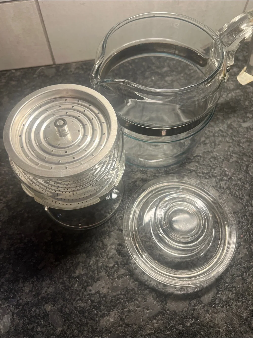 4 cup PYREX FLAMEWARE Clear Glass Stovetop Coffee Pot Stainless Accent COMPLETED